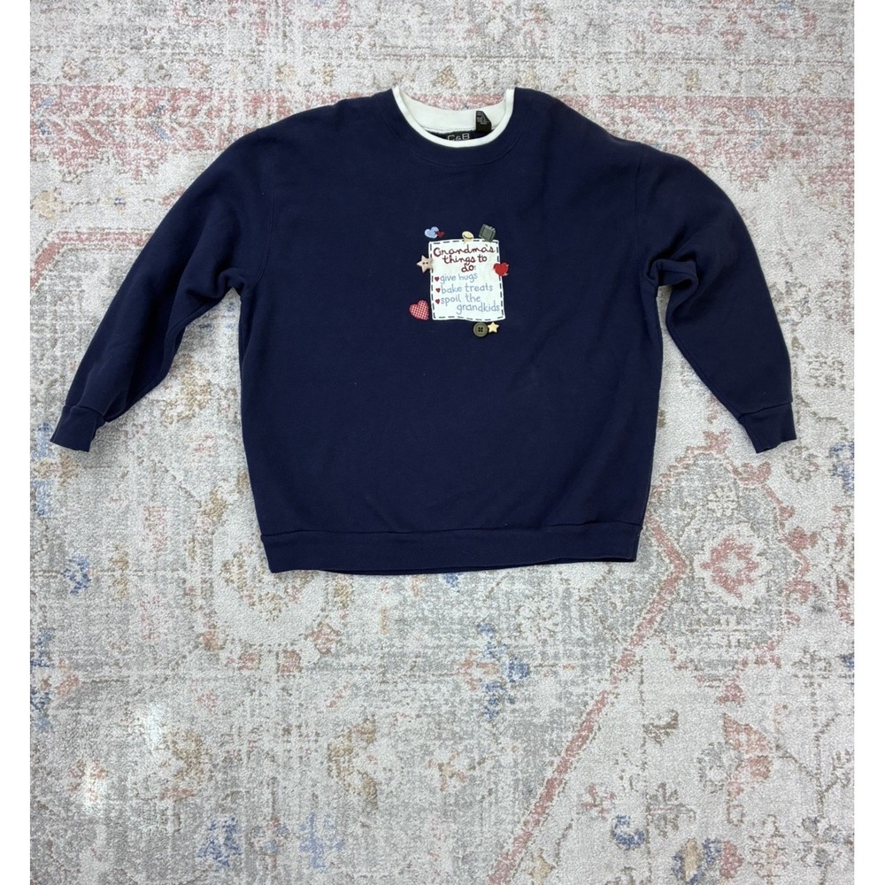 Cottagecore C&B Sport Navy Blue Embroidered Grandma Pullover Sweatshirt 1X  90's